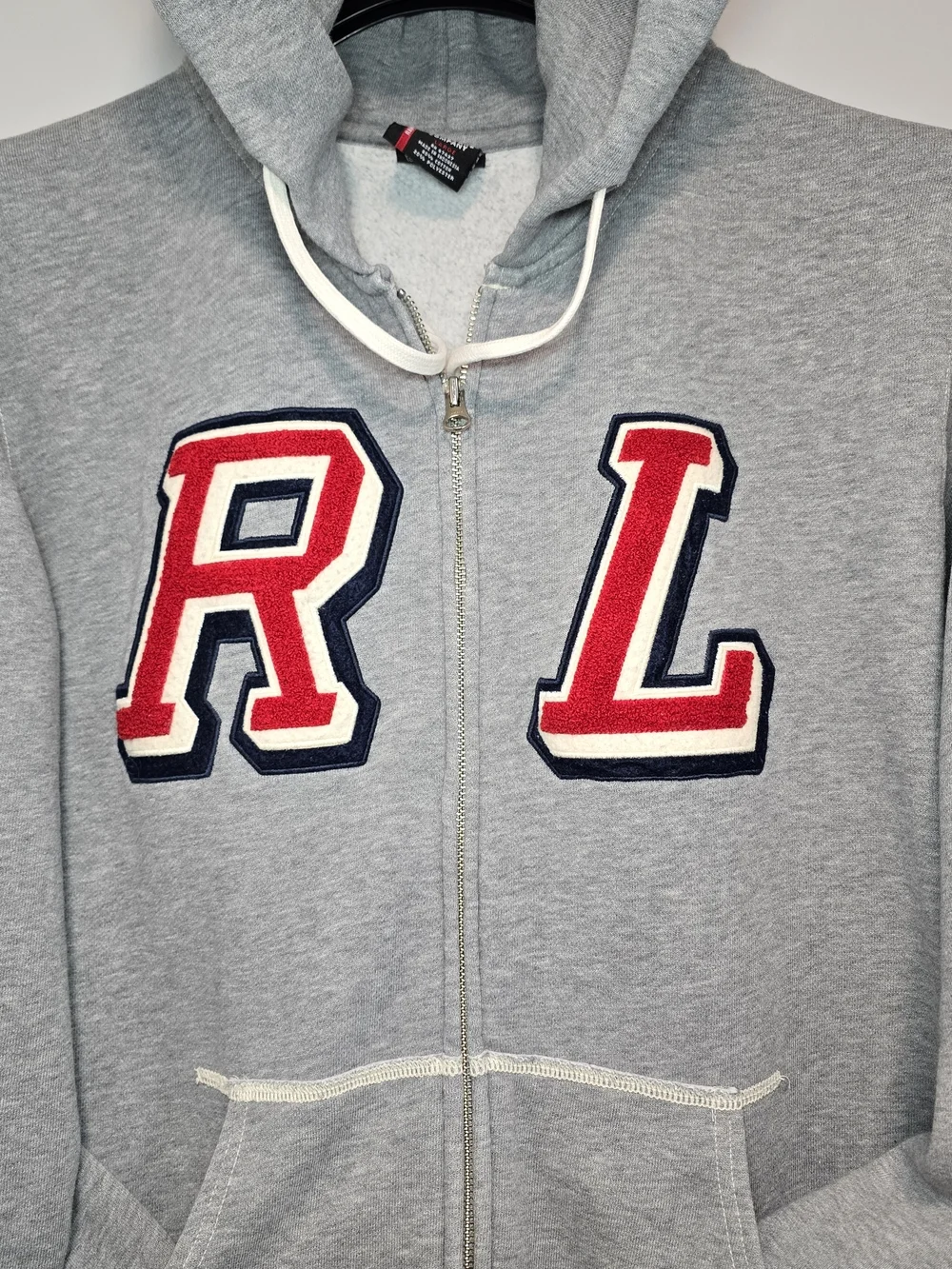 Ralph Lauren Men's Grey Chenille RL Patch Zip Fleece Hoodie Y2k